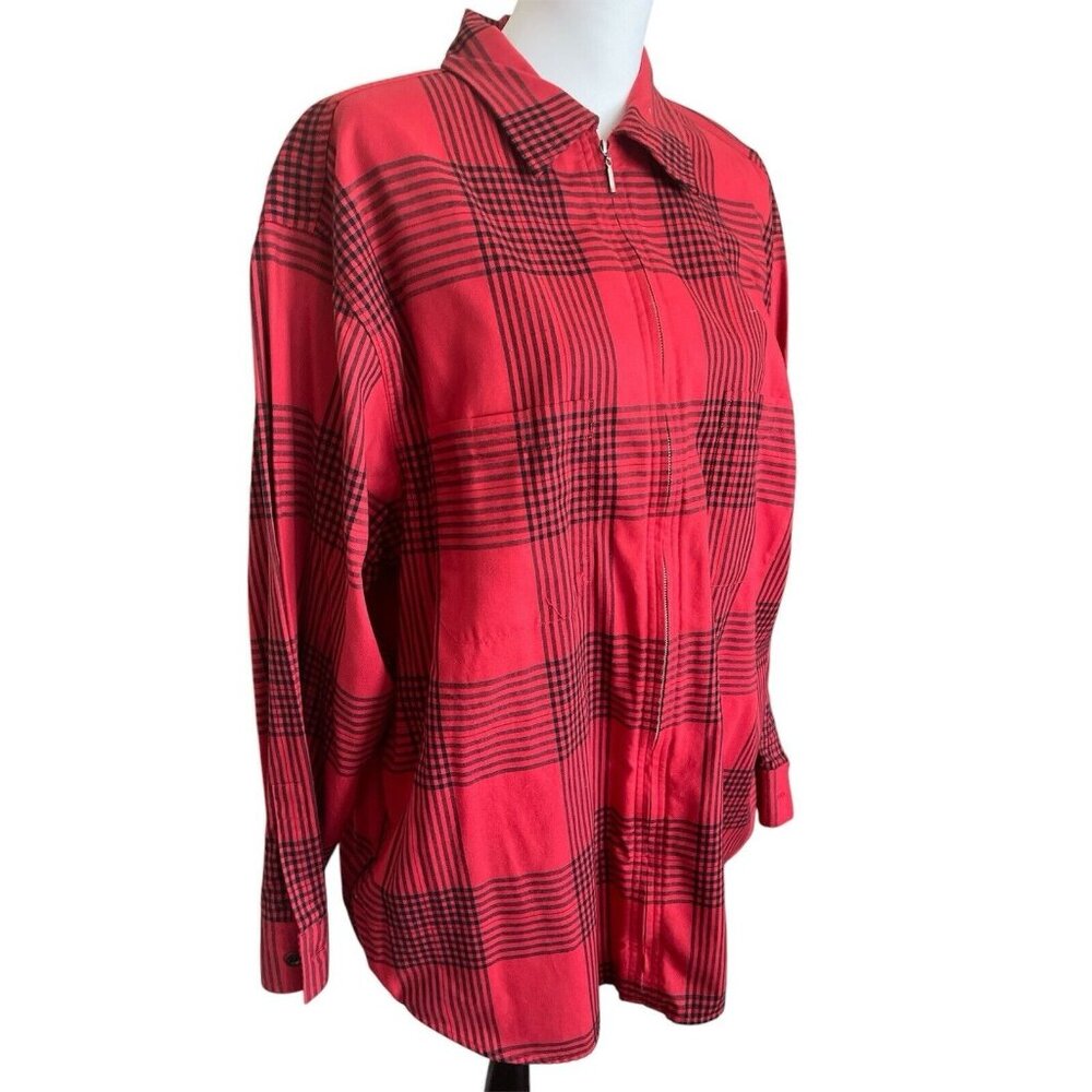 Jones New York Sport PLUS 20 Red Plaid Long Sleeve Zipโ Front Utility Blouse Top